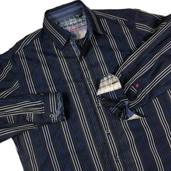 Robert Graham Blue Striped Flip Cuff Long Sleeve Dress Shirt - Picture 2 of 9